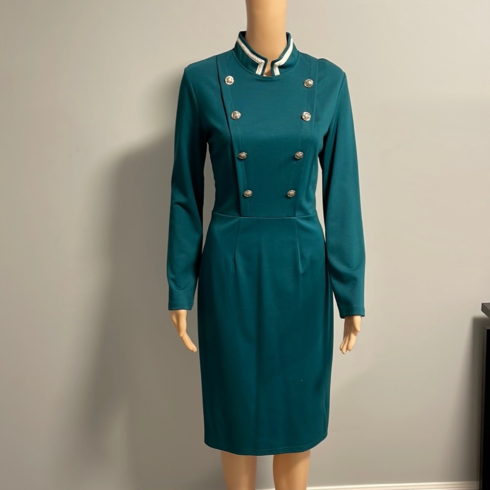 Military green long sleeve sheath dress